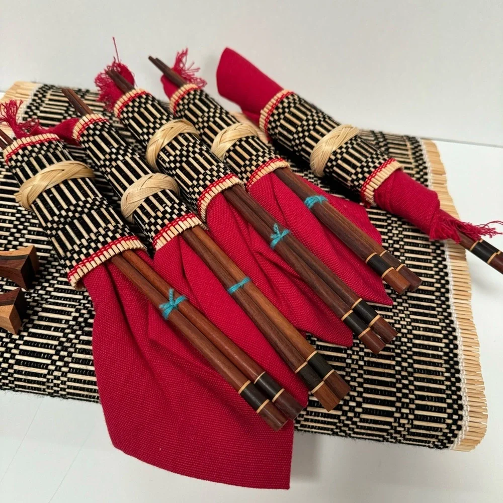 NWOT Japanese play settings bamboo mat chopsticks wood holder red napkins